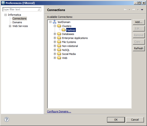 The image shows the Preferences screen. Connections is selected under Informatica on the left hand side. The list of available connections appears on the right-hand side. Hadoop is selected under Clusters.
			 