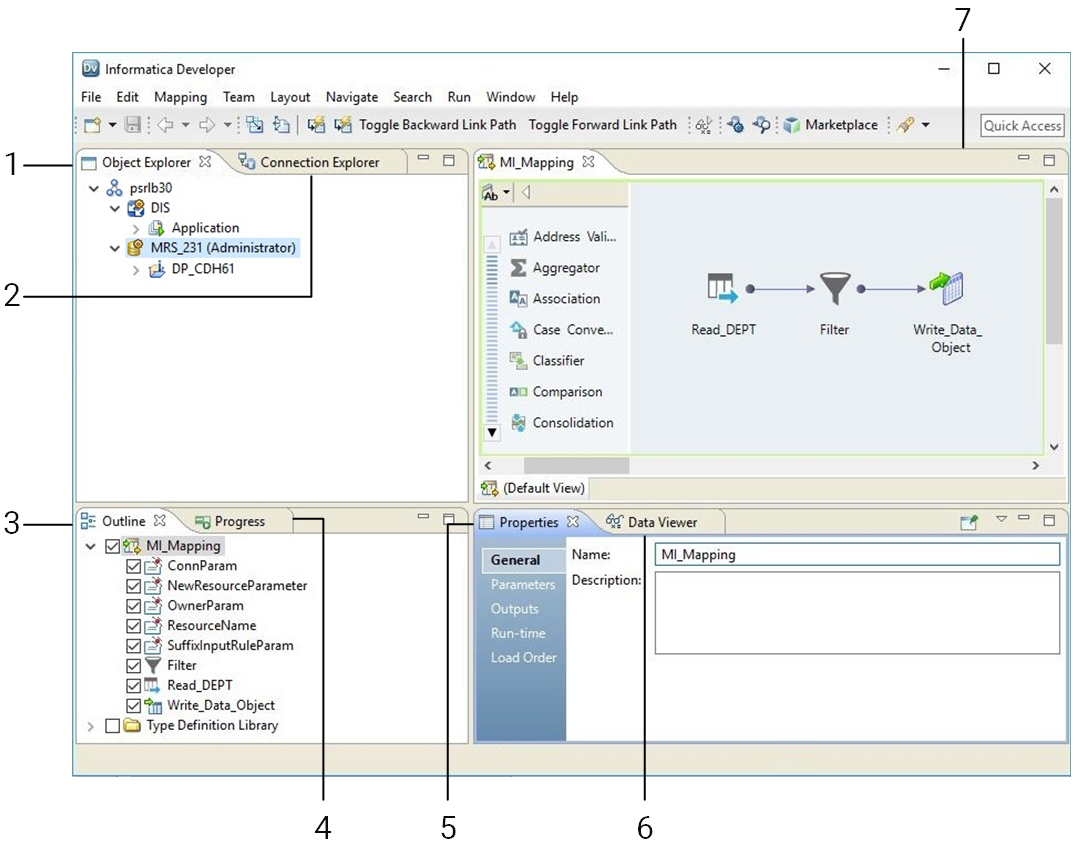 Das Bild zeigt einen Screenshot der Oberfläche des Developer Tools. Die verschiedenen Ansichten sind numerisch beschriftet. In der linken oberen Ecke erscheinen die Ansichten Objekt Explorer und Verbindungs-Explorer. Die Ansichten Outline und Fortschritt werden in der linken unteren Ecke angezeigt. Der Zuordnungseditor erscheint in der oberen rechten Ecke. Die Ansichten Eigenschaften und Daten-Viewer erscheinen in der rechten unteren Ecke. 
			 