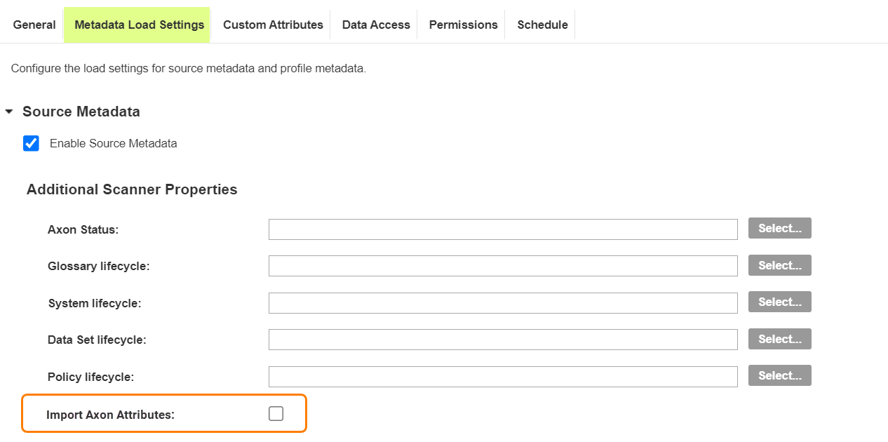 Image depicting the Metadata Load Settings tab. The Import Axon Attributes option is encircled. 
				  