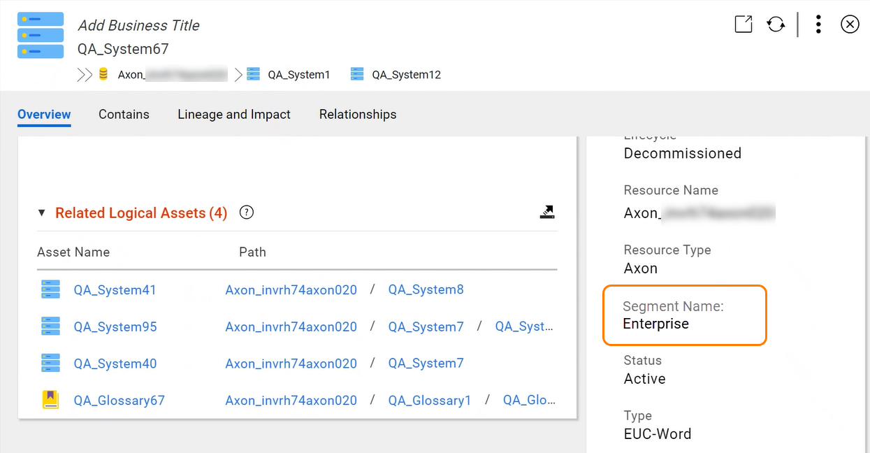 Image depicting the details page of an Axon resource, The Segment Name is encircled. 
				  