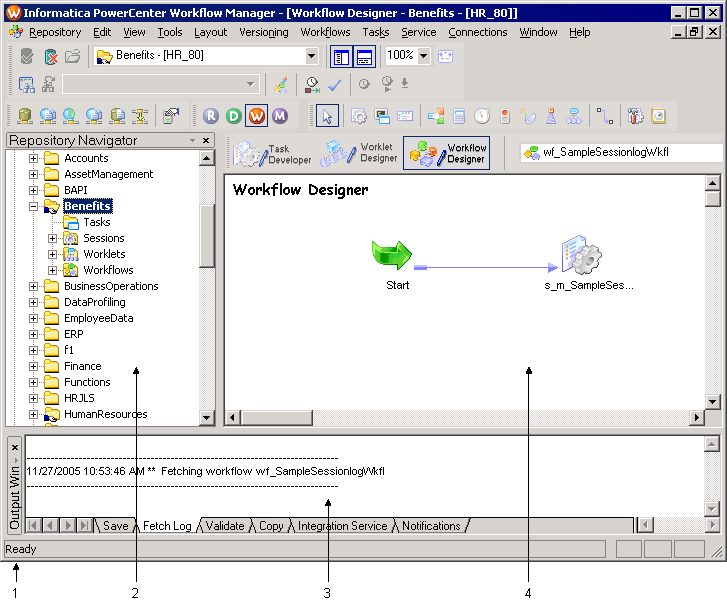 A interface do Workflow Manager inclui a barra de status e as janelas Navegador, Principal e Saída. 