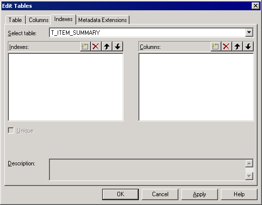 The Indexes tab contains an Indexes section on the left side and a Columns section on the right side. Each section has an Add button, Delete button, and Up and Down buttons. 
				  