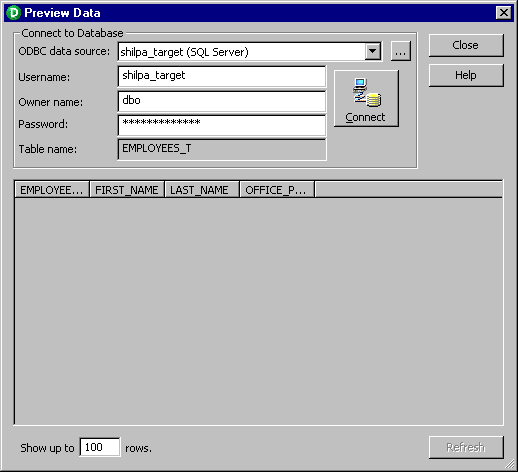  The Preview Data dialog box includes ODBC Data Source, Username, Owner Name, Password, and Table Name fields. It also includes a Connect button. 
				  