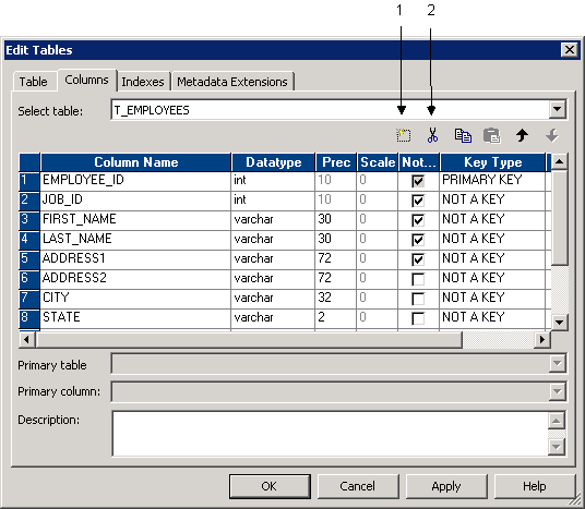 The Columns tab includes Add and Delete buttons below the Select Table field. 
				  