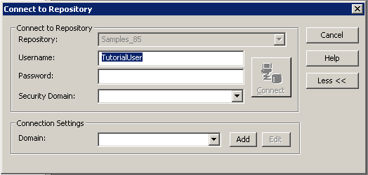 The Connect to Repository dialog box has Repository, Username, Password, and Security Domain fields. You also specify the domain in the Connection Settings area. 
				  
