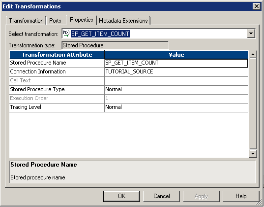 On the Properties tab, TUTORIAL_SOURCE appears at the Connection Information value. 
				  