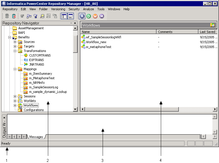 The Repository Manager interface includes the Status Bar, as well as the Navigator, Main and Output windows. 
