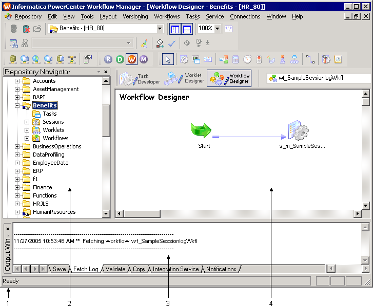 The Workflow Manager interface includes the Status Bar, and the Navigator, Main and Output windows. 