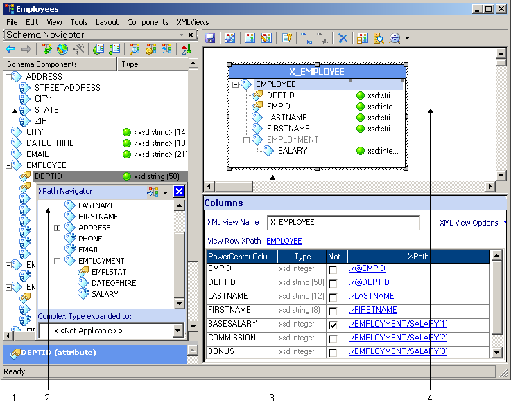 The XML Editor includes the Navigator, XPath Navigator, XML View, and XML Workspace areas. 
			 