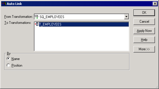 The Auto link dialog box contains From Transformation and To Transformation fields. It contains the By area where you can sort by name or position. 
				  