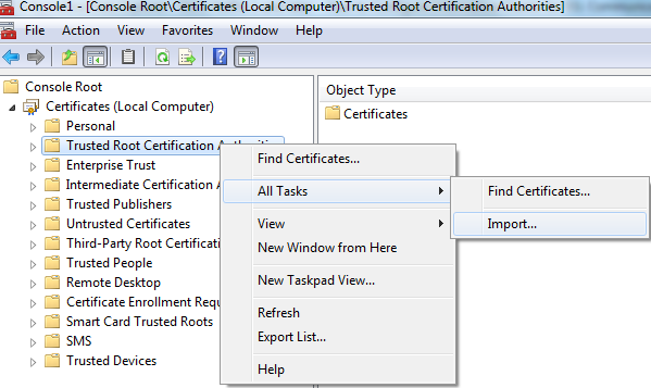 Steps to Import the Trusted Root Certification Authorities. 
				  