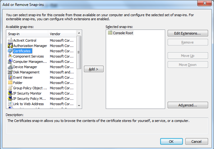This image shows the selected certificates from Available snap-ins list. 
				  