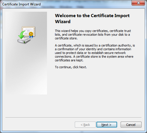 Certificate Import Wizard dialog box. 
				  