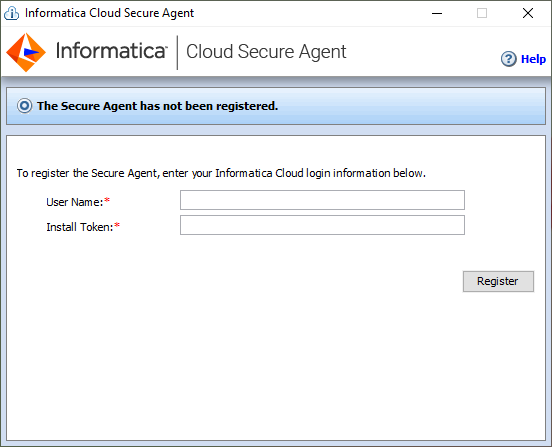 The Secure Agent Manager registration page contains the "User Name" and "Install Token" fields. 
				  