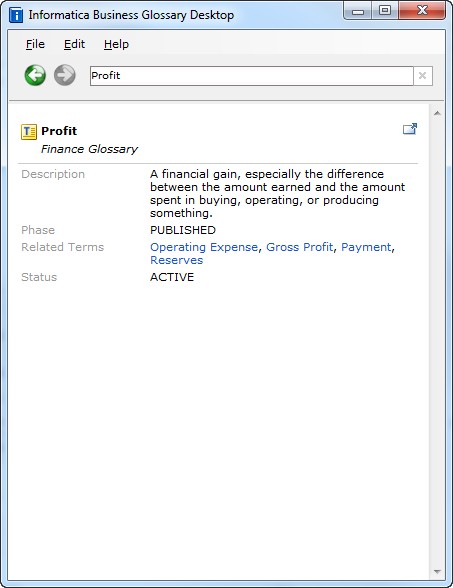 The figure shows the business term capital in the search box and the properties for the Capital asset business term below. The business term properties include Description, Status, Data Steward , Owner, ID, Create Date, and Update Date. 
				
