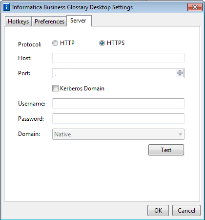 The image shows the Server tab selected on top. The image shows the server settings, such as Protocol, Host, Port, Kerberos Domain, Username, Password, and Domain. You can edit the server settings and test the connection to the business glossary. 
				