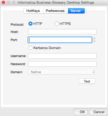 The image shows the Server tab selected on top. The image shows the server settings, such as Protocol, Host, Port, Kerberos Domain, Username, Password, and Domain. You can edit the server settings and test the connection to the business glossary. 
				