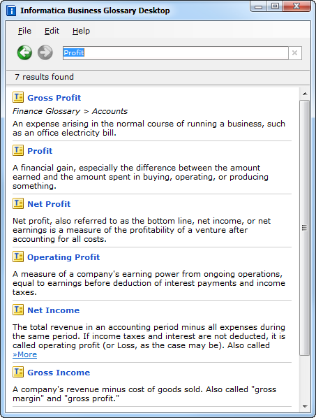 The figure shows the File, Edit, and Help menus on the top. The buttons to navigate back and forth between business terms are to the left of the Search box. The list of business terms appear as results at the bottom. 
				