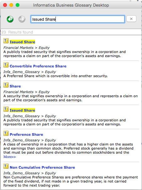 The image shows the buttons to navigate back and forth between business terms are to the left of the Search box and the list of business terms appears as results at the bottom of the Search box. 
			 
