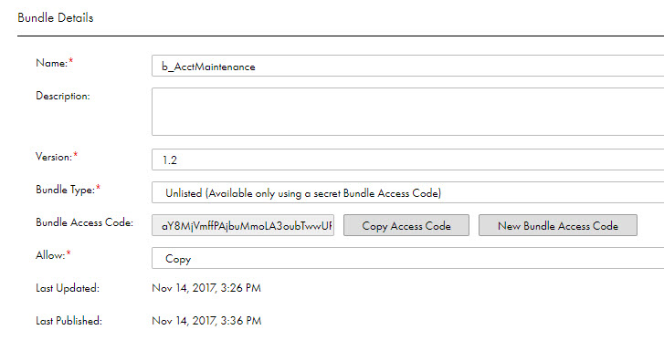 The Bundle Details page shows the current bundle access code and has an option to copy the access code and an option to generate a new access code. 
			 