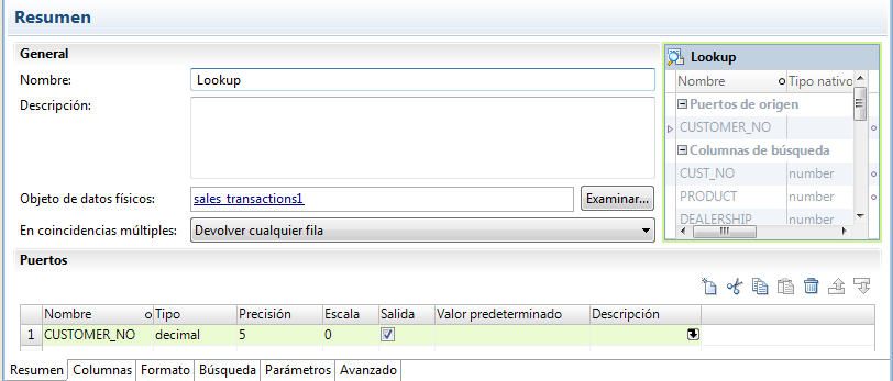 La vista Resumen muestra información general, tal como el nombre, la descripción y el objeto de datos físicos de la transformación de búsqueda, así como los puertos incluidos en la transformación de búsqueda. 
				  