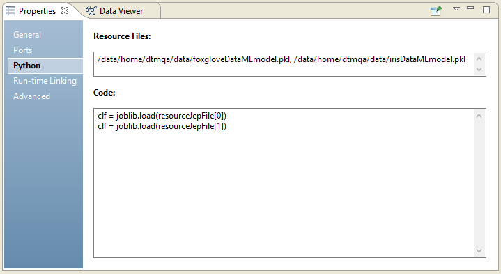 This image shows the Python tab in the Python transformation. Two resource files are listed using the resource file paths. The Python code shows resourceJepFile[0] and resourceJepFile[1]. 
			 