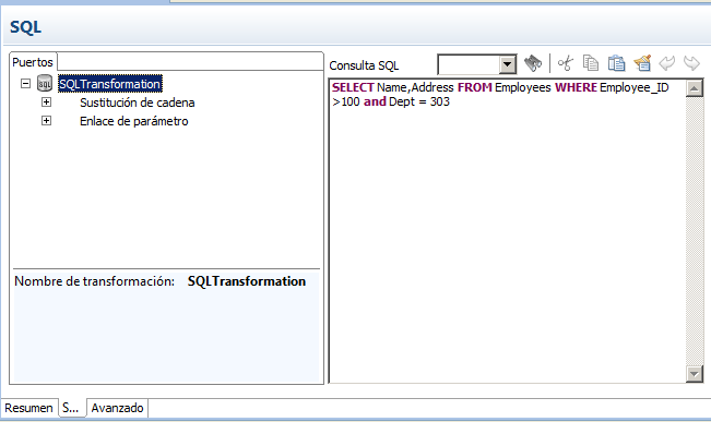 La vista SQL muestra la ficha Puertos y el área donde se define la consulta SQL. 
			 