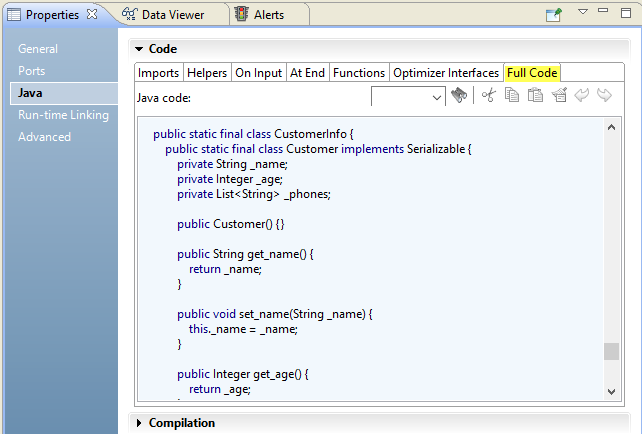 The Full Code tab of the Java view on the Java transformation Properties tab shows the outer class CustomerInfo and the inner class Customer with getters and setters for the member fields. The member fields _name, _age, and _phones are of a Java data type. 
		  