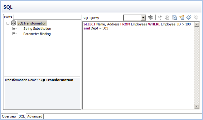 The SQL view shows the Ports tab and the area where you define the SQL query. 
			 