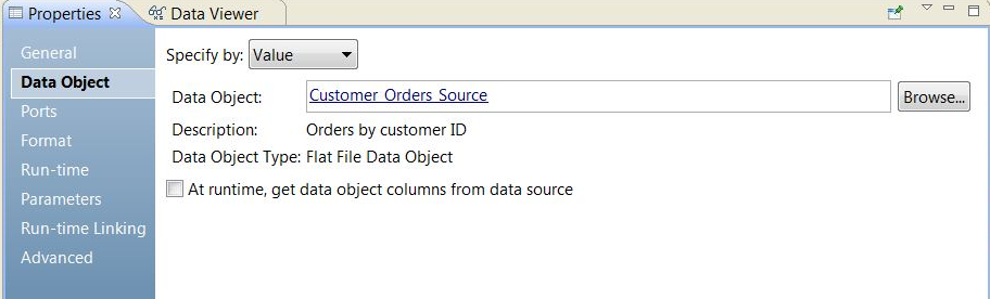 La ficha Objeto de datos muestra el nombre del objeto de datos y una opción para introducir un valor específico o un parámetro. 
		  