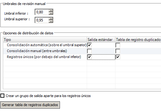 La vista Configuración muestra un umbral inferior de 0,80 y un umbral superior de 0,95. La vista muestra las siguientes opciones de distribución de datos: Consolidación automática establecida como Salida estándar. La Consolidación manual está establecida como la tabla de registros duplicados. Los registros únicos también están establecidos como Salida estándar. La casilla de verificación para crear un grupo de salida independiente para los registros únicos no está seleccionada. 
		  