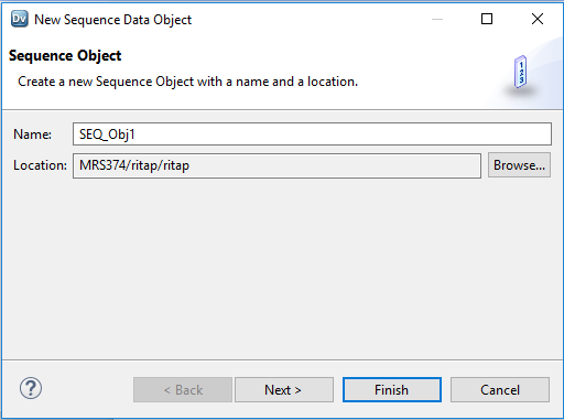 Esta captura de pantalla muestra el cuadro de diálogo que aparece cuando desea crear un objeto de secuencia nuevo. Incluye el nombre y la ubicación del objeto. La ubicación es el directorio en el que se almacenan los objetos de datos físicos. 
				  