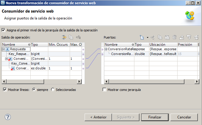 La pantalla Asignar puertos de la salida de la operación del cuadro de diálogo Nueva transformación de consumidor de servicio web muestra la jerarquía de salida de operación. El área Salida de operación a la izquierda muestra los nodos que devuelve el servicio web a la transformación. El área Puertos a la derecha muestra los puertos de salida de la transformación que están asignados desde los nodos. 
				  