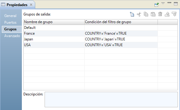 La ficha Grupos muestra los siguientes grupos: predeterminada, Francia, Japón, y EE. UU. Los grupos Francia, Japón, y EE. UU. tienen una condición de filtro correspondiente. 
			 