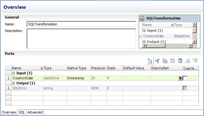 The Overview view shows the name, description, and ports of the SQL transformation. The Ports section of the Overview view shows the CreationDate input port. The input port has a date/time transformation datatype and timestamp native datatype. 
			 