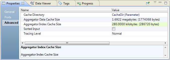 The Aggregator transformation has a data cache size of 1.6922 megabytes. The transformation has an index cache size of 280 kilobytes.
				  