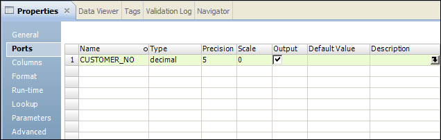 The Ports tab of the Properties view shows the ports included in the Lookup transformation. 
				  