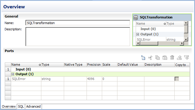 The Overview view shows the name, description, and ports of the SQL transformation. The Ports section of the Overview view shows the SQLError output port. 
			 