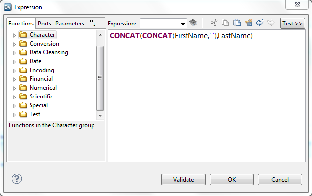 The figure shows the Functions tab, Ports tabs, and Expression area. You can enter an expression in the Expression area. While entering the expression, you can drag a function from the Functions tab or a port from the Ports tab to the Expression area. 
			 