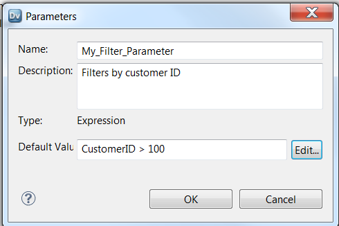 The Parameters tab has the following properties: Name, Description, Default Value, and an Edit button to edit the default value.
		  