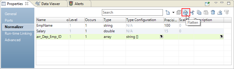 The Normalizer view shows a field EmpName of type string, Salary of type double, and arr_Dep_Emp_ID of type array with string elements. The Flatten button appears on the right top of the Normalizer view. 
				  