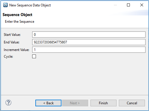 This screenshots show the Sequence Object properties that you can configure: Start Value, End Value, Increment Value, and an option for Cycle. The default Start Value is 0. The default End Value is 9,223,372,036,854,775,807. The default Increment Value is 1. 
				  