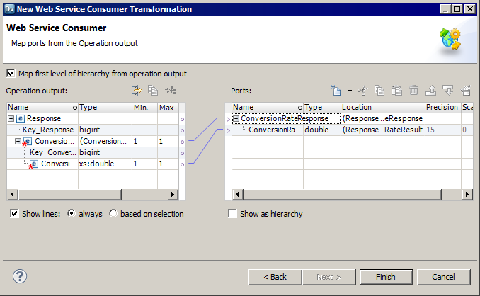 The Map Ports from the Operation Output screen of the New Web Service Consumer Transformation dialog box shows the operation output hierarchy. The Operation Output area on the left displays the nodes that the web service returns to the transformation. The Ports area is on the right displays the transformation output ports that are mapped from the nodes. 
				  