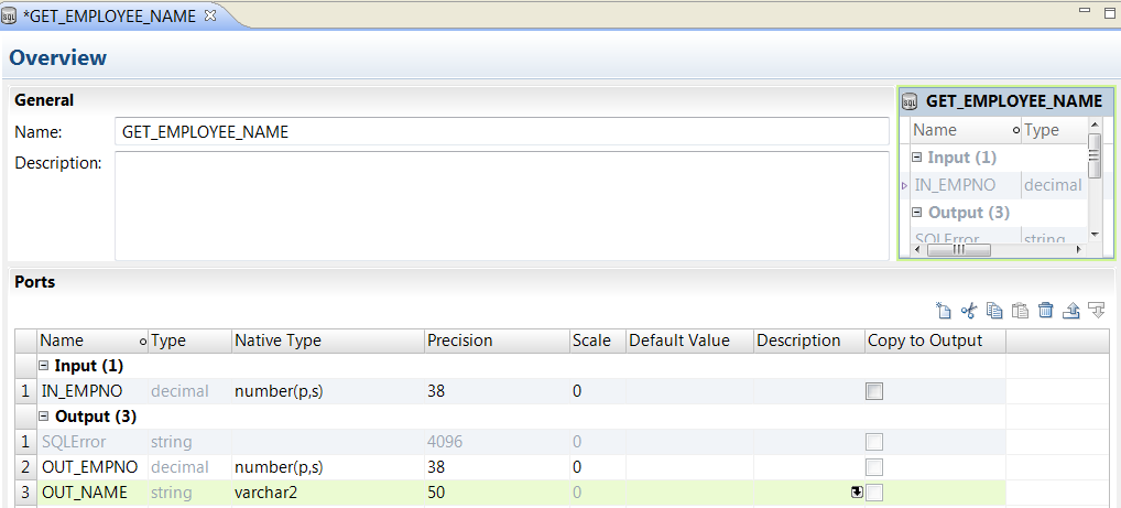 The Overview view shows an IN_EMPNO input port and the SQLError, Out_empno, and Out_Name output ports.
		  