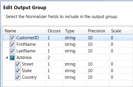 The Edit Output Group disalog box shows all of the fields from the Input Hierarchy selected. 
			 