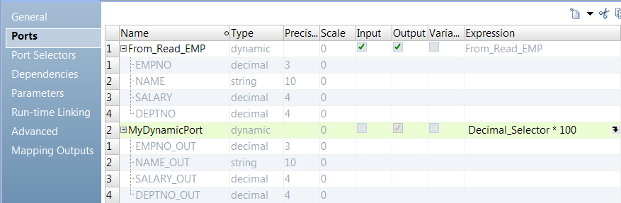 The ports tab shows generated ports beneath the From_Read_Emp dynamic port. Beneath the dynamic output port are the 3 decimal type output ports and a string port too.
		  