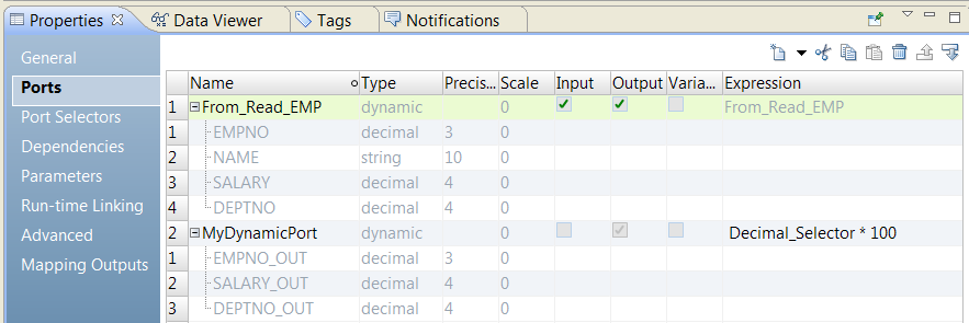 The ports tab shows generated ports beneath the From_Read_Emp dynamic port. Beneath the dynamic output port are the 3 decimal type output ports.
		  