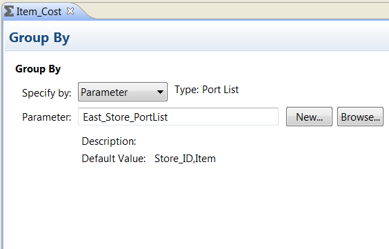 The Group By tab shows the Specify By Parameter properties. You can click New to create a parameter or click Browse to browse for and select a parameter. When you configure a parameter, the parameter name appears in a parameter name field.
		  