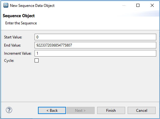 Estas capturas de pantalla muestran las propiedades del objeto de secuencia que puede configurar: Valor inicial, Valor final, Valor de incremento y una opción para Ciclo. El valor inicial predeterminado es 0. El valor final predeterminado es 9.223.372.036.854.775.807. El valor de incremento predeterminado es 1. 
				  