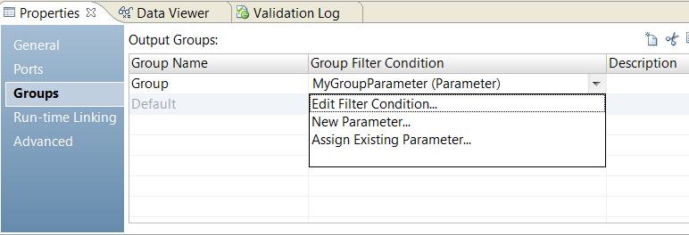 El campo Condición del filtro de grupo de la ficha Grupos incluye las siguientes opciones: Editar condición de filtro, Nuevo parámetro o Asignar parámetro existente.
		  